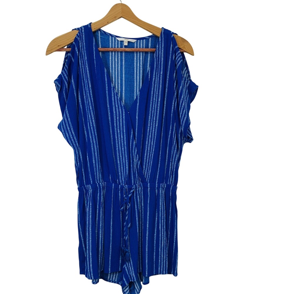 Hawaiian‎ Tropic Romper Medium Blue Gauzy V Neck Cold Shoulder Cinched Tie Waist